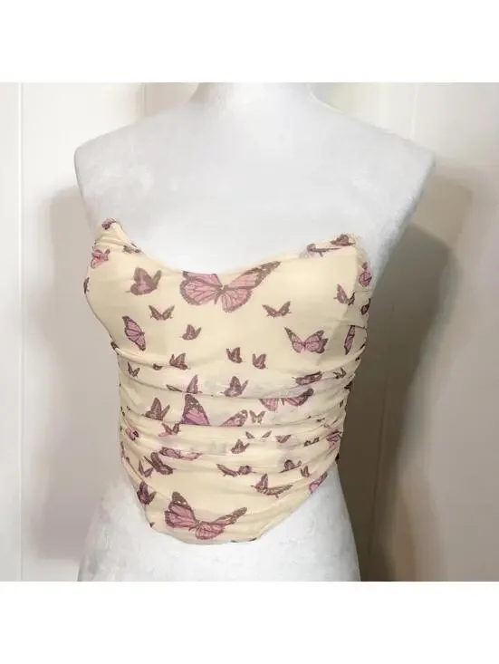 Tic Toc Butterfly Floral Spring Sheer Bustier Corset Crop Top Women's Small - Picture 2 of 4